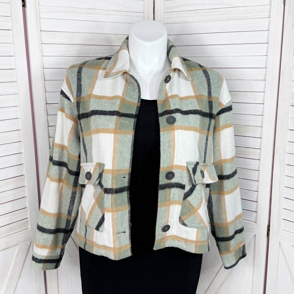 Zara Jacket Women Large Green Plaid Flannel Wool Blend Crop Shacket Patch Pocket